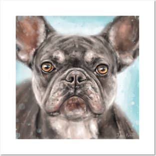 Painting of a Gray French Bulldog on Light Blue Background Posters and Art